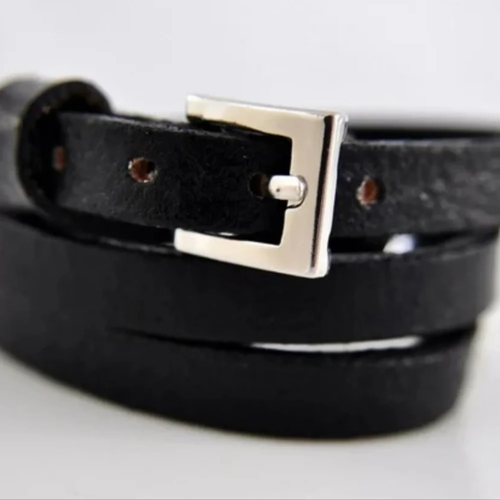 Forever 21 Men Faux Leather Black Belt Wrap Bracelet with Silver Buckle